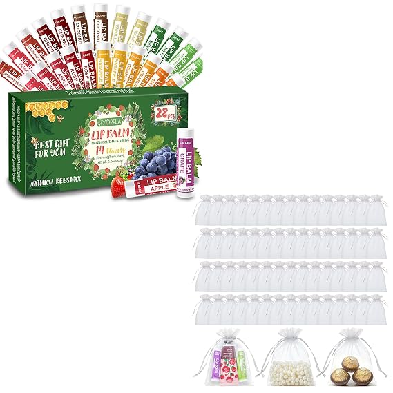 Yopela 28 Pack Lip Balm Bulk & 60pcs Organza Gift Bags Natural Lip balm with Vitamin E and Coconut Oil, Moisturizing, Soothing, and Repairing Dry and Chapped Lips