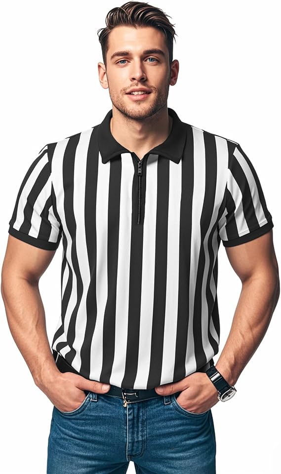 Men's Referee Shirt Collared Official Mens Ref Shirt Jersey Short Sleeve Black and White Stripes Football Halloween Costume