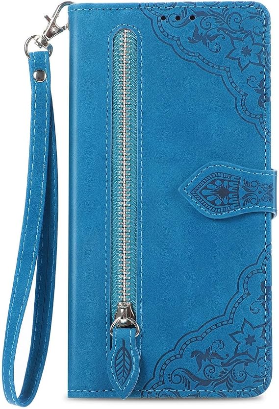 Leather Phone Case for Tecno Camon 50 Ultra 5G, Shockproof Cover with Wrist Strap and Multi-Card Slots, Embossed Skin-friendly Wallet Case. Blue