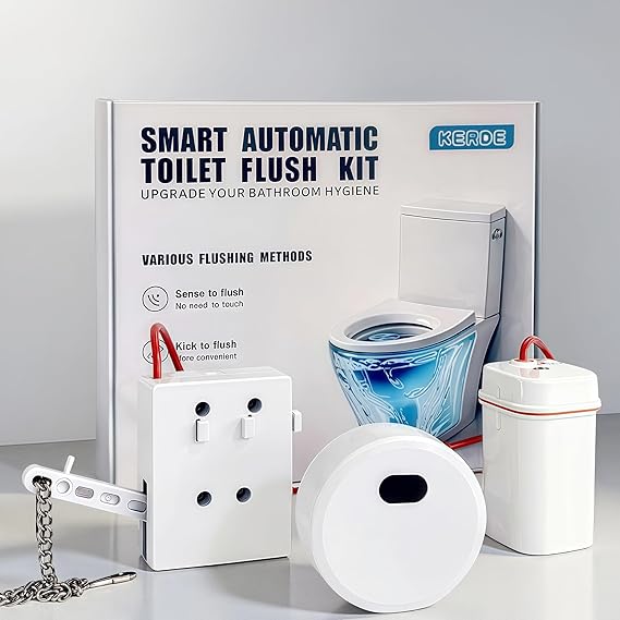 KERDE Touchless Toilet Flusher Kit Motion Sensor Flush Valve with Wireless Button, Battery Powered, Compatible with Chain Pull Lever Toilets, Remote Flush for Home & Commercial Bathrooms
