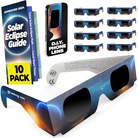 Medical king Solar Eclipse Glasses 10 pk ISO 12312-2 and CE Certified Glasses For Safe View Solar Eclipse 2026 The Eclipse August 12, 2026 With 2 Phone Lenss