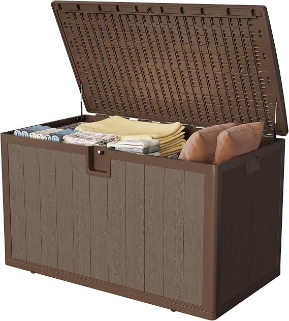130 Gallon Indoor & Outdoor Storage Box, Lockable Resin Deck Boxes Waterproof with Lid& Side Handles for Garden Pool Accessories, Patio Cushions, Backyard Furniture, Brown.