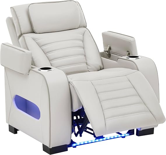 THSUPER Beige Leather Power Theater Recliner Chair with Arm Storage and LED Lights, Electric Reclining Chair with Power Headrest and Cup Holders for Living Room Furniture. Black Chair