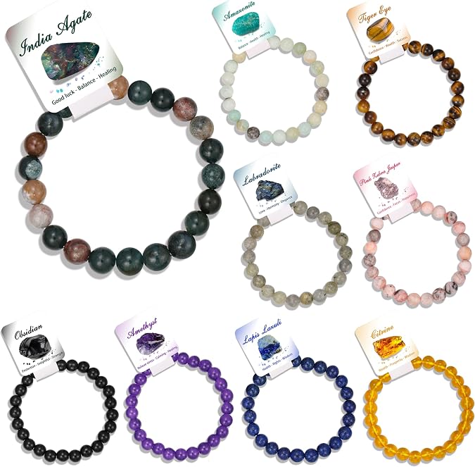 BOMAIL 9Pcs Healing Crystal Bracelets for Women Men | 4mm 6mm 8mm, Natural Stone Beaded,Tiger Eye,Agate Stretch Bracelet,Handmade Gemstone, Reiki Spiritual Yoga Bracelets Set