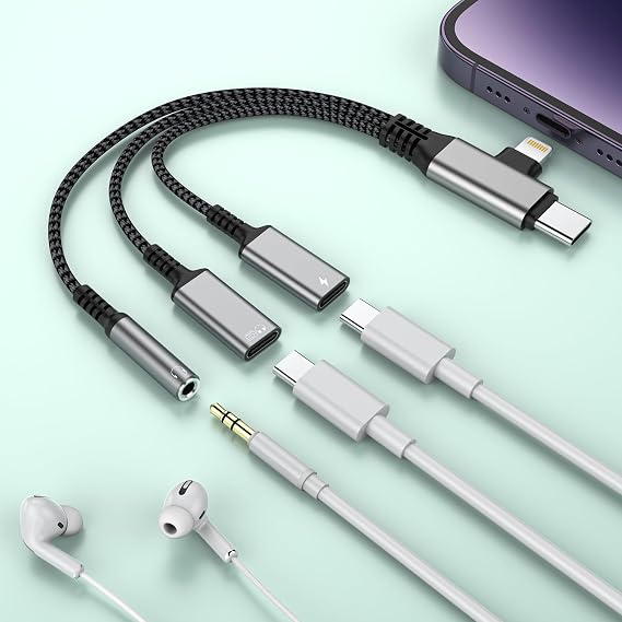 3-in-2 USB C/Lightning to 3.5mm Audio Jack Headphone+USB C Earphone Jack+Type-C Charger Splitter,Apple Aux Adapter for iPhone 16 15 14 13 12 XR/XS/Pro Max/Plus,iPad Pro/Air,Samsung Galaxy S24Silver