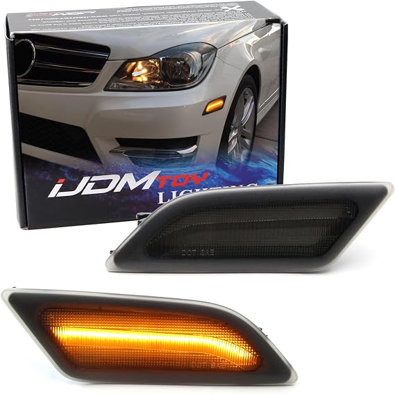 iJDMTOY Smoked Lens Amber Full LED Front Side Marker Light Kit Compatible With 2012-14 Mercedes W204 LCI C250 C300 C350 Sedan/Coupe, Powered by SMD LED, Replace OEM Sidemarker Lamps