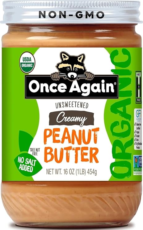 Once Again Organic Creamy Peanut Butter No Sugar Added - Single Ingredient, Unsalted, Natural Peanut Butter No Palm Oil - Glass Jar, Non-GMO, Gluten Free - Smooth and Unsweetened - 1 Jar (16 oz)