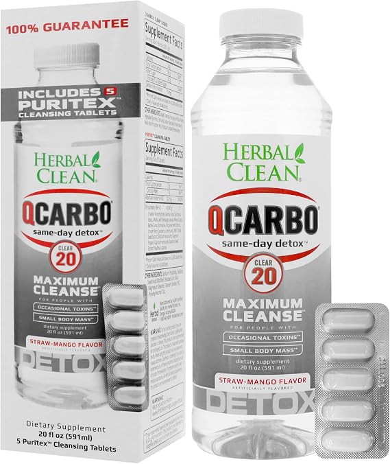 Herbal Clean - QCarbo20 Same-Day Detox Drink+Tablets, Strawberry-Mango, (20 fl oz, 5 Tablets)