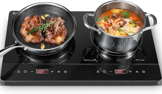 Double Induction Hob, Portable Induction Cooker, Black Glass Plate, 2800W, Independent Touch Control, 8 to10 Power Levels,10 Temperature Setting, 3 Hour Timer, Child Safety Lock, with Plug