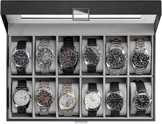 ProCase Watch Box Organizer, 12 Slot Watch Display Case With Glass Lid, Watch Storage Holder Mens Watch Case, Anniversary Birthday Valentine Gifts for Men Women -12 Slot, Black
