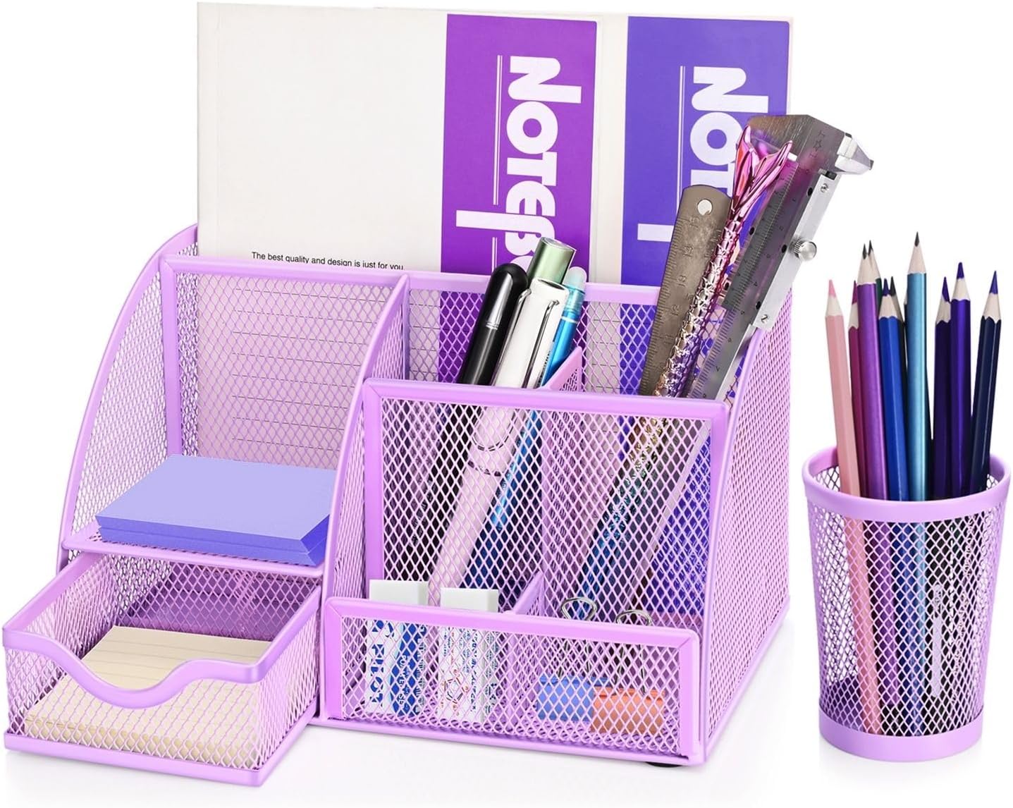 Flexzion Desk Caddy Organizer Set Purple - Metal Mesh Desktop Caddy with Drawers, 6 Compartments, and Pencil Holder for Women & Men - Desktop Organizer and Storage for Work or Office Supplies