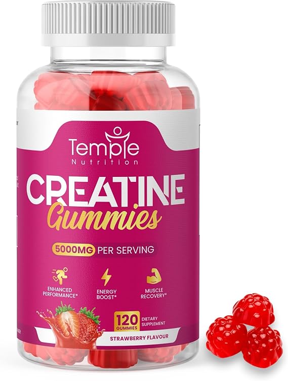NEW Creatine Monohydrate Gummies 5000mg for Men & Women - 120 Chewable Creatine Gummies (1 Months Supply) - Strawberry Flavoured Creatine, Pre Workout Gym Supplement, Suitable for Vegans