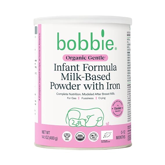 Bobbie Organic Gentle Baby Formula, Milk Based Powder with Iron, DHA, Vitamin D & 100% Lactose Like Breast Milk, For Fusiness, Crying & Digestive Health, Newborn Baby-12 Months Old, 14.1 oz, 1 Pack