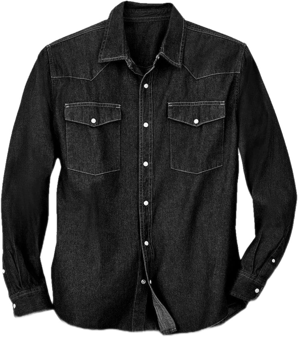 Mens Front Snap Button Western Shirts in 100% Cotton Denim and Twill with A Stitched Yoke and Chest Pockets with Snap Flaps