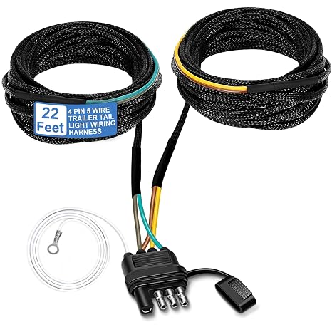 22 Ft 4-Pin 5-Wire Trailer Wiring Harness with Nylon Mesh Sleeve