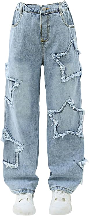 GORGLITTER Girl's Baggy Wide Leg Jeans Y2K Star Print Elastic High Waist Denim Pants Bottoms Trousers with Pockets