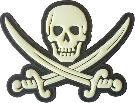Calico Jack Skull Pirate Jolly Roger PVC Tactical Patch Compatible with Velcro Patches for Backpacks (Black and White Glow Dark)