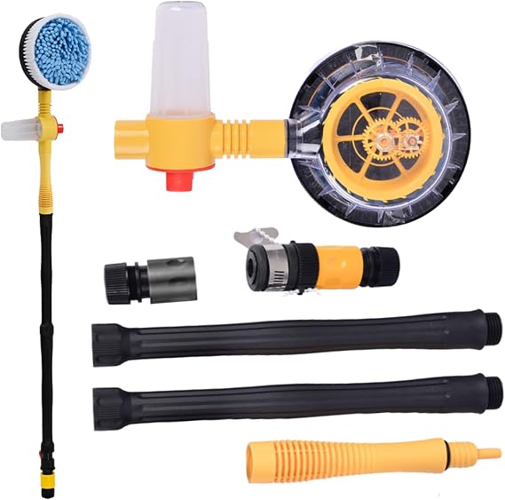 Rotating Car Wash Brush with Soap Dispenser & Hose Attachment Soft Bristle Car Spin Mop Washing Scrub Brush with Long Handle Water Flow Through High Pressure Car Cleaning Brush Kit Car Wash Hose