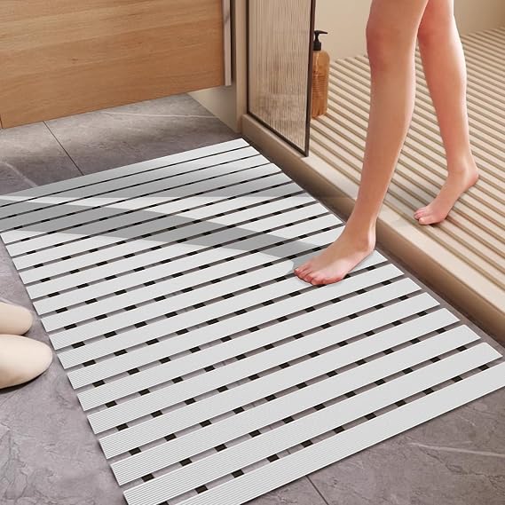 Tiamo Non Slip Large Shower Mat(35.4"*23.6"),Non Suction Cups Shower Mats for Inside/Outside Shower, Heavy Duty Rubber Walk in Bathtub Mat for Elderly (White)