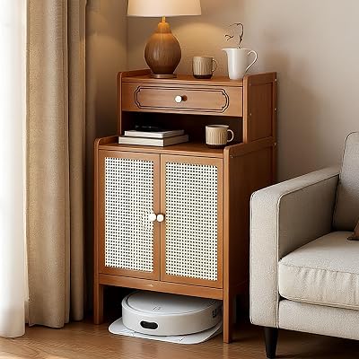 Bamboo Robot Vacuum Stand Cabinet Smart Floor Sweeper Hidden Storage Rack, Multi Tier End Table for Living Room Dining Room Kitchen Home OfficeBrown