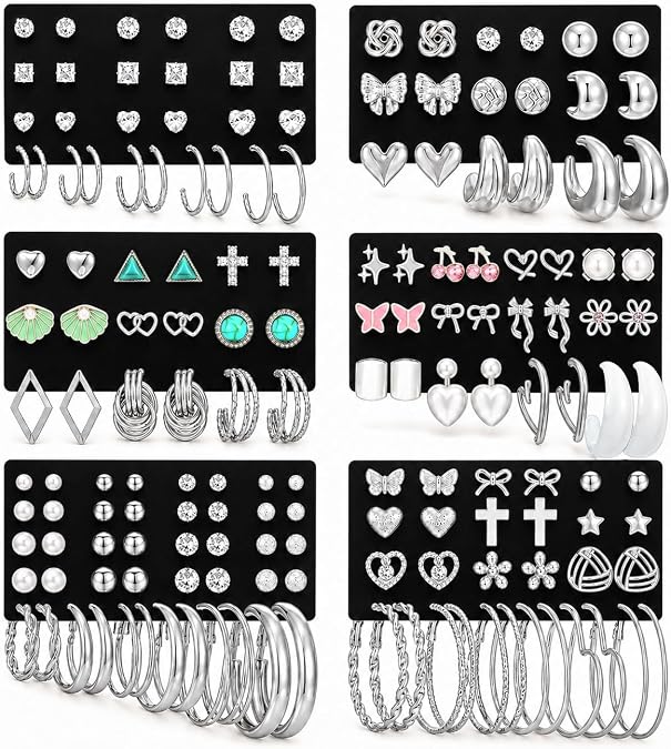 81 Pairs Gold Stud Earrings Set for Women Multipack, Trendy Pearl Cubic Zirconia Butterfly Heart Stud Hoops Earrings Packs, Gold Hoops Earrings for Jewelry Gifts
