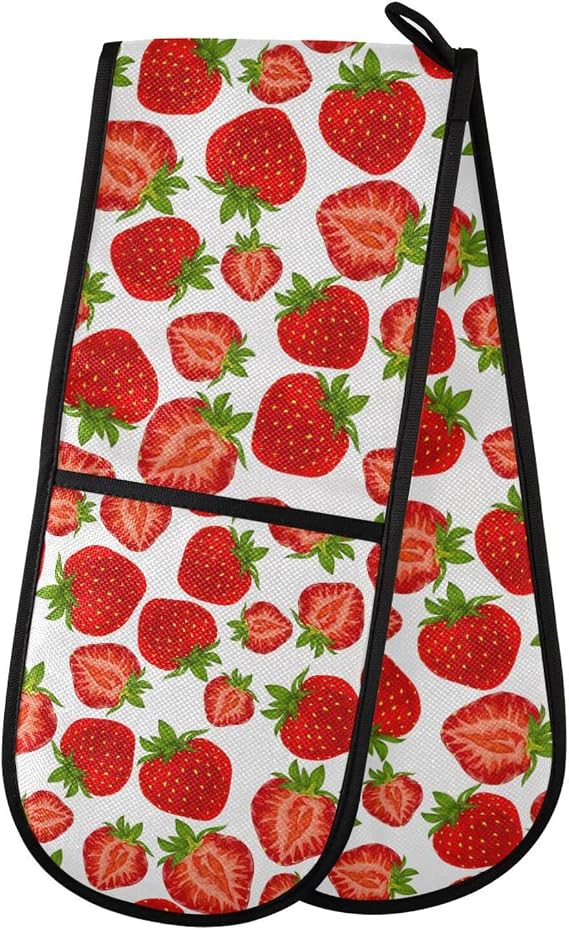Double Oven Mitts with Loop Heat Resistant Non-Slip Pot Holders for Barbecue, Kitchen, Handling Hot Pots and Pans, Garden Personalized Strawberry 35 x 7 Inches