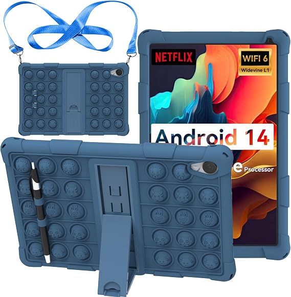 Case for Urao C107 Tablet, Kids Friendly Soft Silicone Adjustable Stand Cover for Urao C107 10.1 inch with Shoulder Strap (Blue)