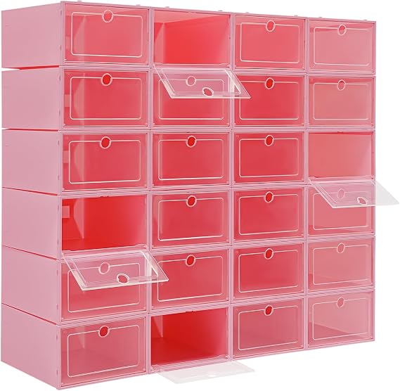 24 PCS Shoe Boxes,with Transparent Flip Lid, Plastic Stackable Shoe Storage Box, its up to Women's Size 37/Men's Size 44, Shoe Storage Organizer 12.99x9.06x5.51 Inches (Pink)