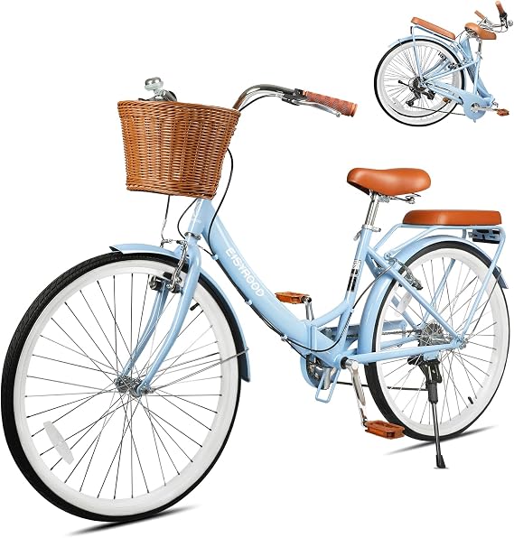 26 Inch Beach Cruiser Bike for Women, 7-Speed Ladies Bike with Basket & Rack