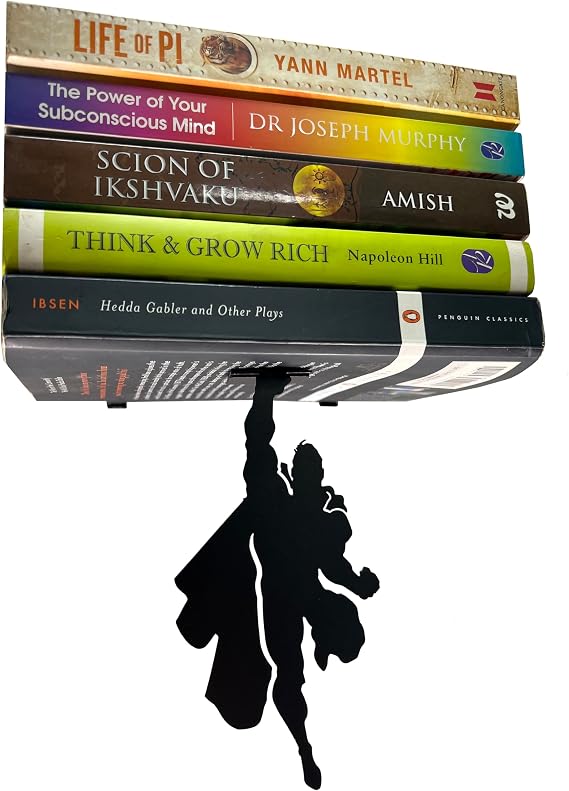Wall Mounted Metal Floating Bookshelf Supported by Superheros Invisible Bookshelf Metal Shelf Superhero Decoration Shelf Children's Room Decor Model No. HK 249