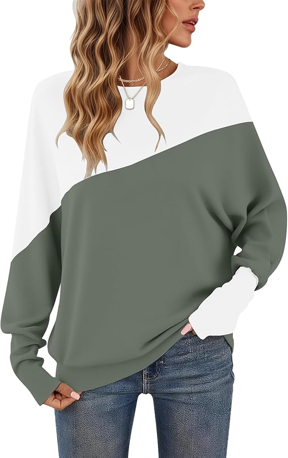 WNEEDU Long-Sleeved Shirt Women's ColorBlcok Batwing Sleeve Autumn Pullover