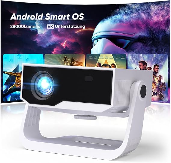 Smart Projector 4K Support Android 11 Full HD 1080P 28000 Lumens WiFi 6 & BT 5.2 120° Adjustable Stand Electric Focus Keystone Correction Home Cinema Projector for Switch/PS5