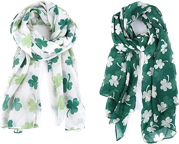 2 Pack Green Shamrock Scarf St Patricks Day Scarf Women St Patricks Day Accessories for Women,Long Clover Scarf Irish Gifts Silk Scarf Set Four Leaf St.Patrick's Scarf Saint Patricks Day Accessories