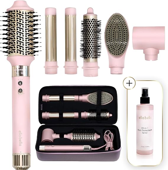 ELLA BELLA 6-in-1 Hot Air Styler Pink & Heat Protectant Spray Powerful Hair Dryer Set for Fast Curling, Volumizing, Straightening Includes Travel Case UV Shield & Nourishing Hair Care