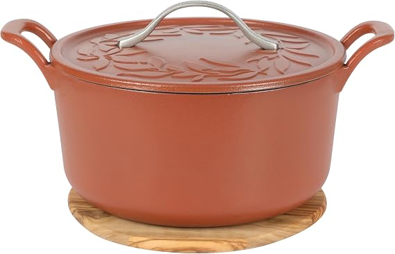 7 Qt Cast Iron Dutch Oven W/Embossed Lid, European Enamel, Olive Wood Trivet - Matte Terracota