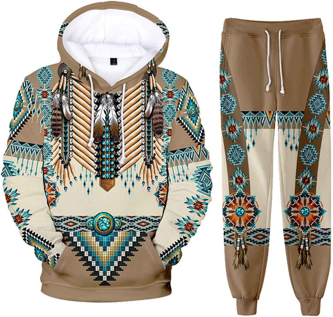 AMOMA Cosplay Native Indians 2-Piece Hoodie Sweatpant Suit Casual Folk Style Pants Clothing Sets for Men WomenL,BlueTriangles