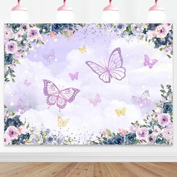 Mocsicka Violet Butterfly Backdrop 7x5ft Purple Floral Girl Party Decorations Background Theme Wedding Birthday Baby Shower Decorations