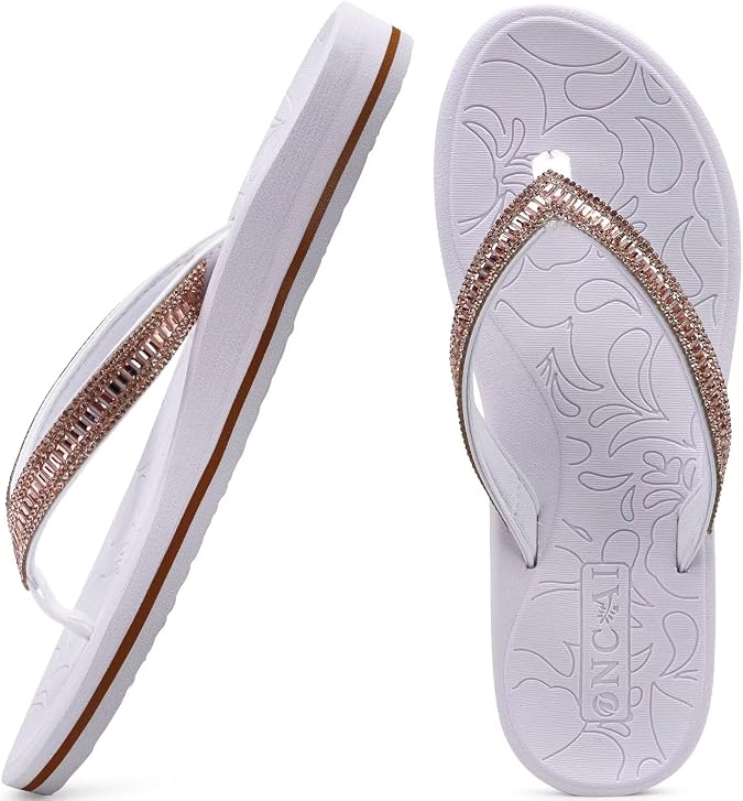 ONCAI Women's Flip Flops with Rhinestone, Arch Support Yoga Mat Comfort Walking Summer Beach Thong Sandals with Plantar Fasciitis Rubber Soles US Size 5-11