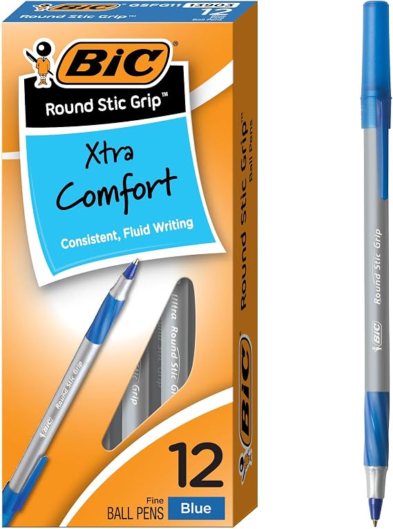 BIC Round Stic Grip Xtra Comfort Blue Ballpoint Pens, 12-Count, 0.8 mm