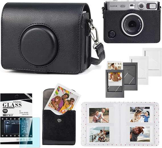 CAIYOULE Camera Case for Fujifilm Instax Mini EVO Instant Camera, Black | Protective Camera Accessories Kit for Instax Mini EVO with Picture Frame, Photo Album, Photo Storage Case, Screen Protector