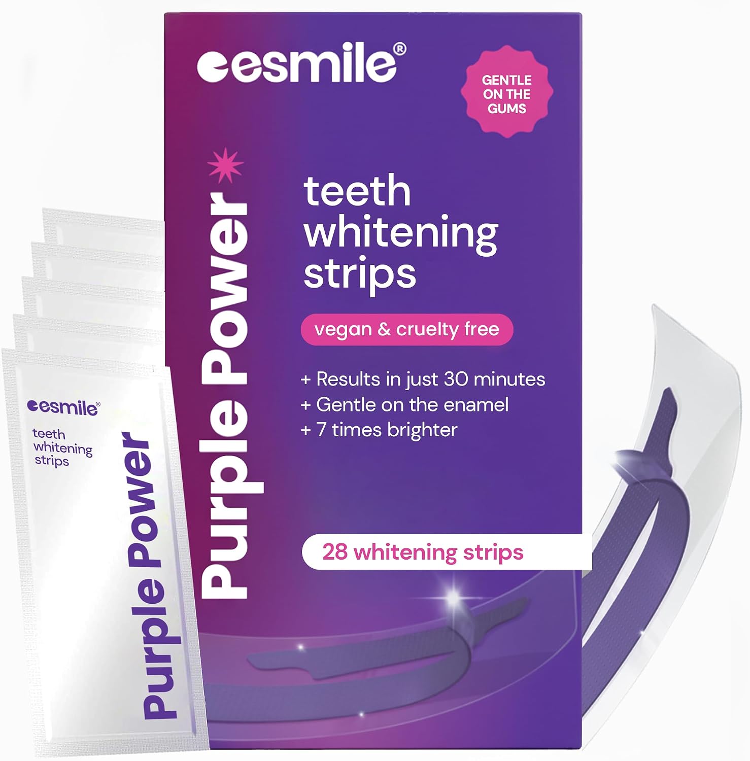 Esmile Purple Power Teeth Whitening Strips, Vegan and Cruelty Free, Gentle on Enamel, 7 Times Brighter, 28 Strips (28, )