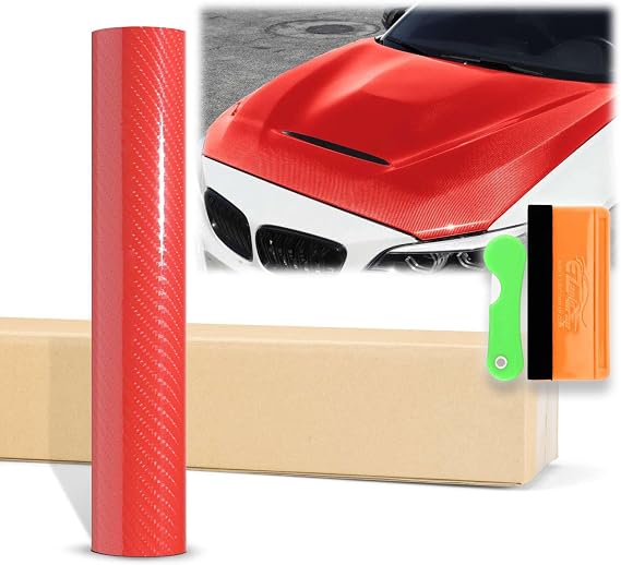 12"x60" (1FTx5FT) Red 7D Carbon Fiber Textured High Gloss Vinyl Wrap Auto Car Sticker Decal Film Sheet Bubble Free Air Release Technology with Tool Kit