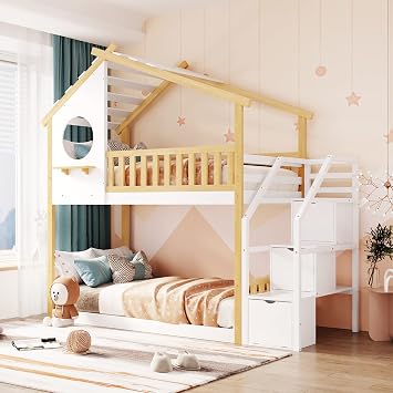 P PURLOVE Twin Over Twin Bunk Bed with Storage Stairs, Wood Bunk Bed Frame, House-Shaped Bed with Roof, Window, Shelf, Guardrail for Teens Girls Boys, Natural and White