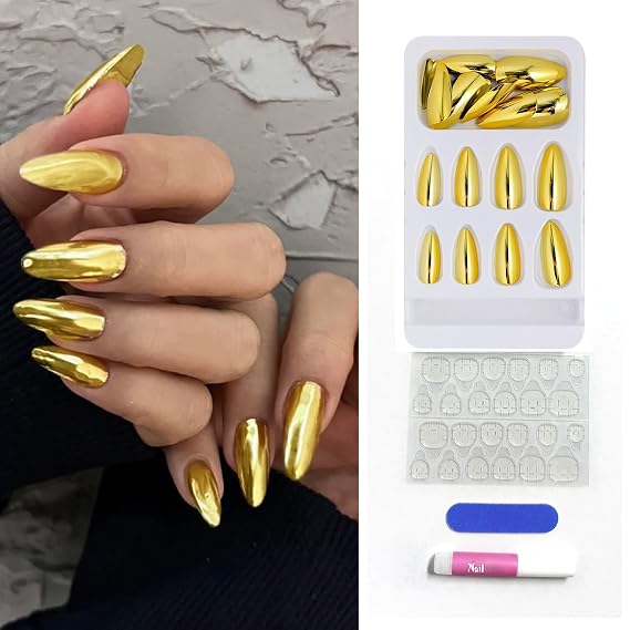 Metallic Gold Press On Nails Long Medium Coffin Silver Fake Nails Red Blue Pink Acrylic Nail Tips Glue on Nails (Gold)