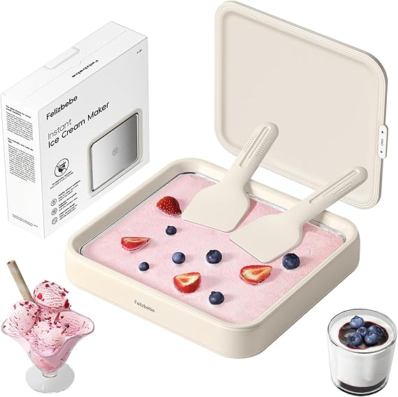 Rolled Ice Cream Maker, Felizbebe Instant Ice Cream Roller with Lid and 2 Spatulas, Food Grade Stainless Steel Cold Plate No-electricity for Fun Family Activities, DIY Parent-Child Time, Cream White