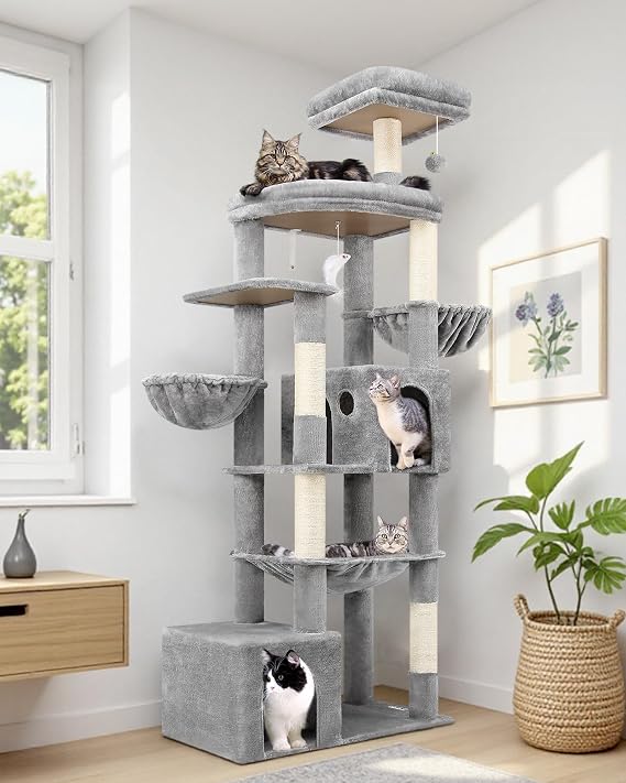 Globlazer S76B Cat Tree Tower 193cm with 2 Caves Hammock for 2-4 Heavy Cats | Sturdy Cat Tree with Hammock 50*40cm Platform Large Lounging Area, Easy to Assemble Cat Tower for Large Cats Senior Kitten