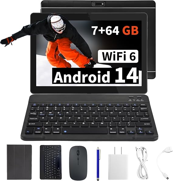 Veidoo 2 in 1 Portable Android Tablet with Keyboard, Mouse & Stylus, Tablet 10.1 inch IPS HD Screen with 7GB RAM (3GB+4GB) 64GB ROM Expandable to 512GB, Octa-Core Processor, WiFi 6