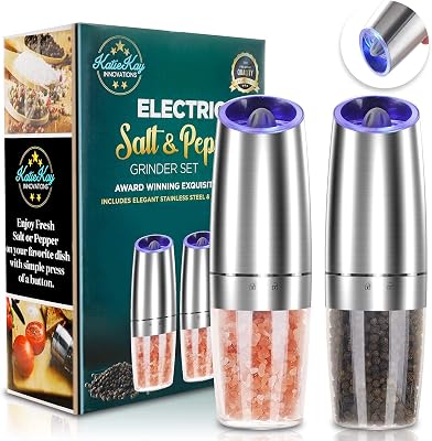 Electric Salt and Pepper Grinder set of 2, Automatic Salt and Pepper Mill Grinder, Adjustable Roughness, Battery Powered with Blue LED Light, Stainless Steel with One Hand Operation Sliver