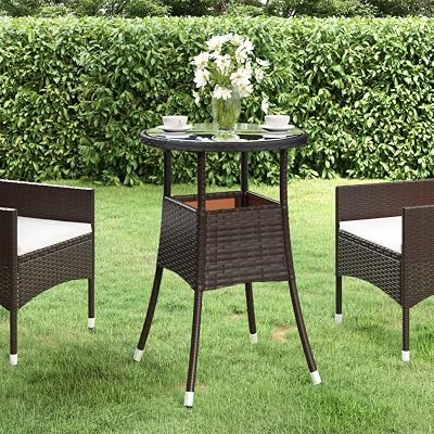 Patio Table Outdoor Side Brown Poly Rattan Glass Tempered 23.6x29.5 Outdoor Furniture Coffee Table for Patio Garden Backyard Dining