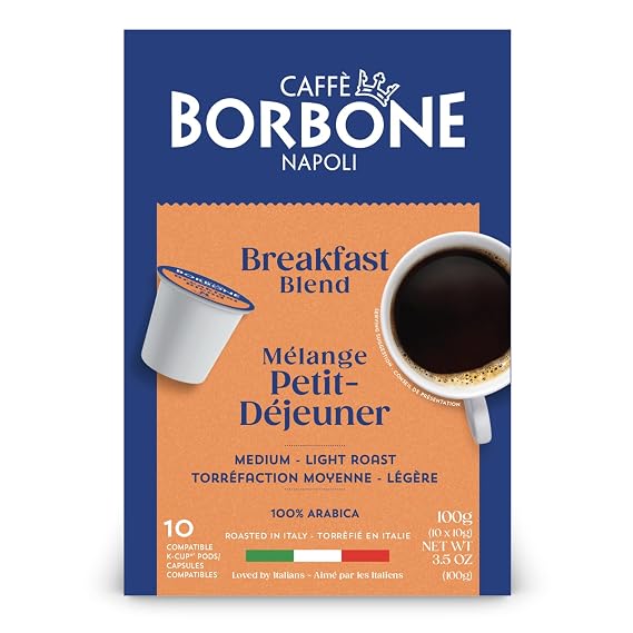 Caffe Borbone Breakfast Blend Coffee (10 Count) Medium Light Roast, 100% Arabica, Roasted in Naples with Notes of Chestnut and Caramel Single Serve Coffee Pods Compatible with K-Cup Brewers